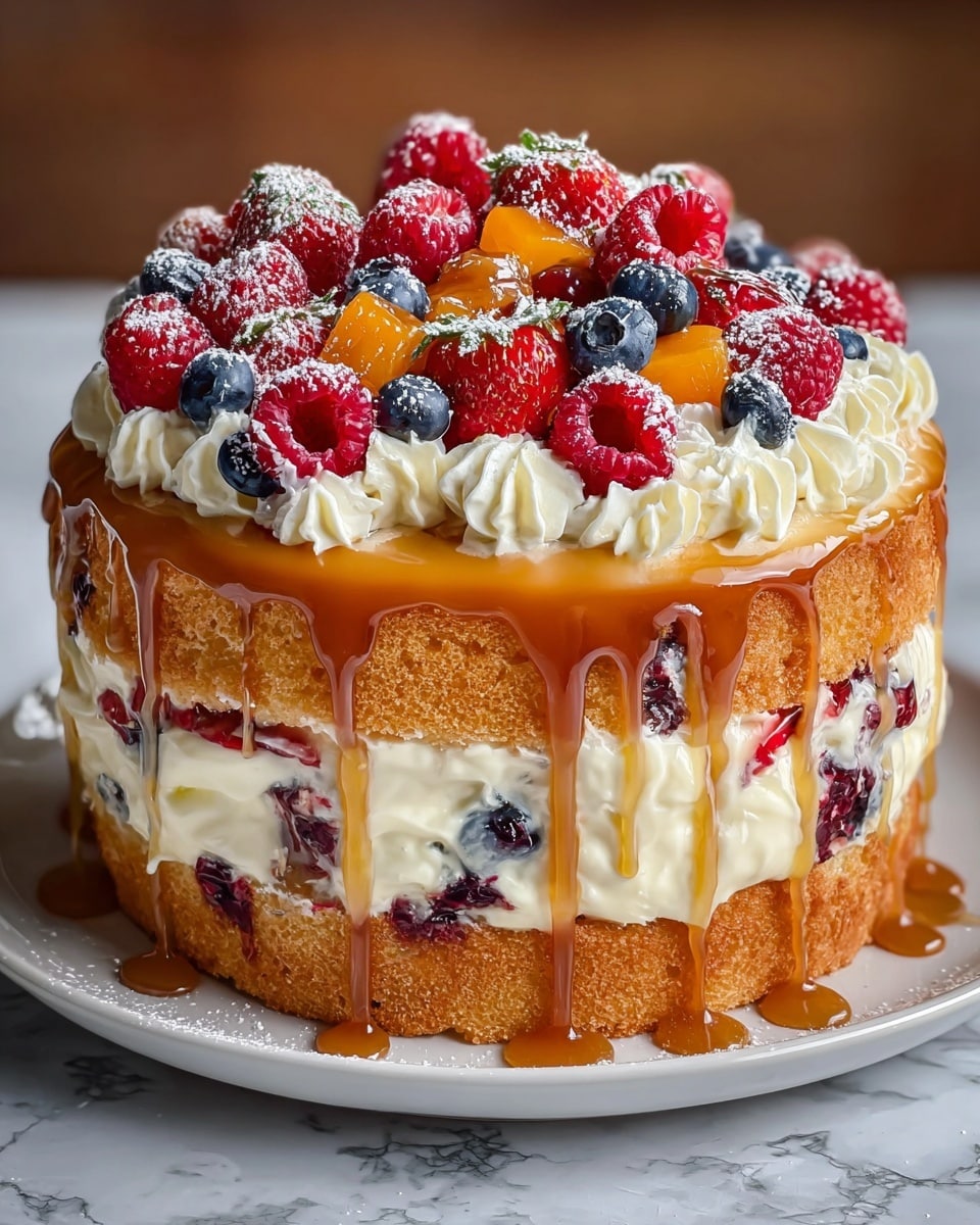 The image shows a square slice of layered dessert on a white plate, placed on a white marbled surface. The dessert has four clear layers: the bottom layer is a light, fluffy white cake mixed with dark blueberry pieces; above it is a thick layer of whole blueberries covered in a purple-blue syrup; the next layer is a creamy, pale yellow custard topped with a fluffy white cream layer; and the topmost layer is a glossy, deep purple blueberry topping garnished with thin, light brown almond slices. The background includes a glass of milk and a white bowl filled with fresh blueberries, both slightly out of focus. Photo taken with an iphone --ar 4:5 --v 7