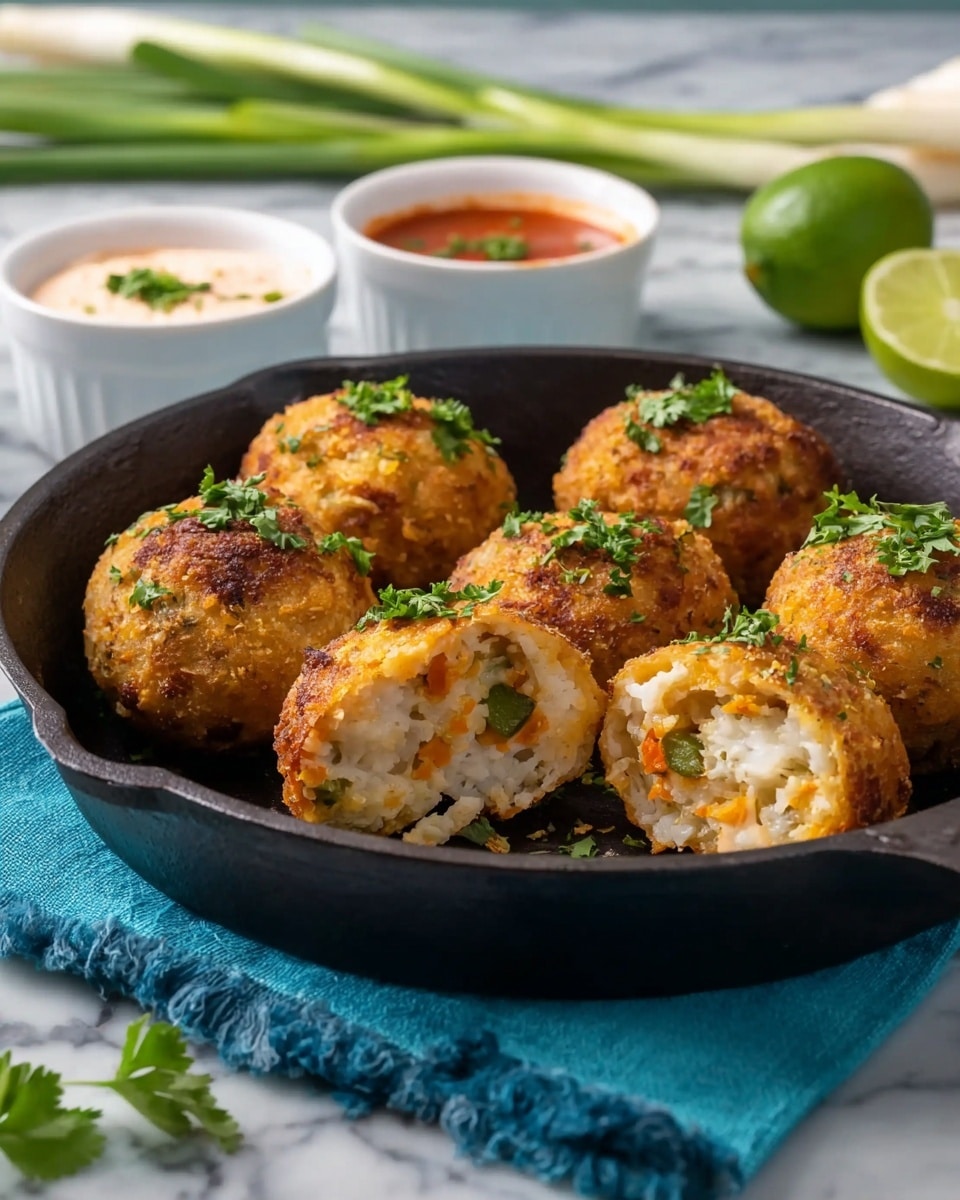 The image shows a round black cast iron pan on a white marbled surface, sitting on a blue cloth. Inside the pan, there are five golden-brown fried balls with a crispy texture, each topped with green parsley leaves. One ball is cut in half at the front, revealing a soft white inside with visible pieces of orange and green vegetables layered inside. To the left of the pan, two small white bowls hold creamy sauces, one topped with parsley and the other with a reddish sauce. In the background, there are green stalks and sliced limes slightly out of focus. photo taken with an iphone --ar 4:5 --v 7