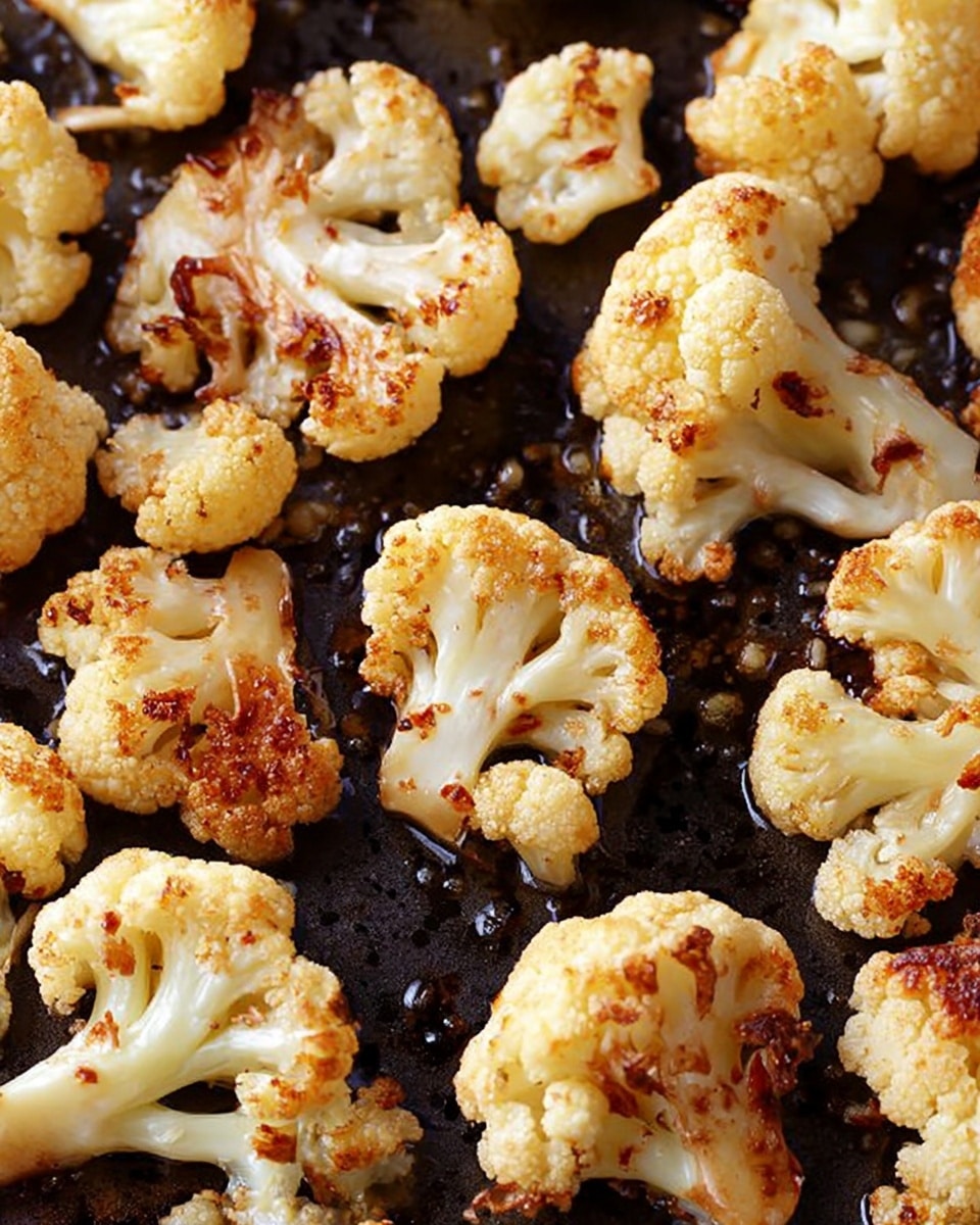 The image shows small pieces of roasted cauliflower spread out on a dark baking tray. Each piece has a pale cream color with golden-brown, slightly crispy edges and some charred spots. The texture looks crunchy on the outside while still soft inside. There is a shiny layer of oil on the tray and on the cauliflower, giving a glistening effect. The background is a white marbled texture. photo taken with an iphone --ar 4:5 --v 7