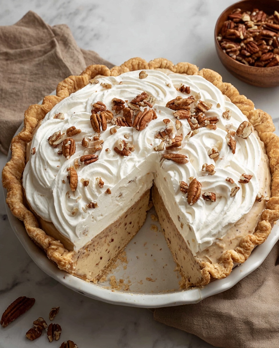 A pie with three visible layers sits on a white plate over a white marbled texture. The bottom layer is a golden-brown crust with a crimped edge, thick and flaky. The middle layer is a light beige filling speckled with small dark bits, creamy and slightly uneven in texture. The top layer is a thick, white whipped cream spread in swirling peaks, topped with scattered brown pecan pieces. The pie is centered with a bowl of pecans and a beige cloth nearby. Photo taken with an iphone --ar 4:5 --v 7