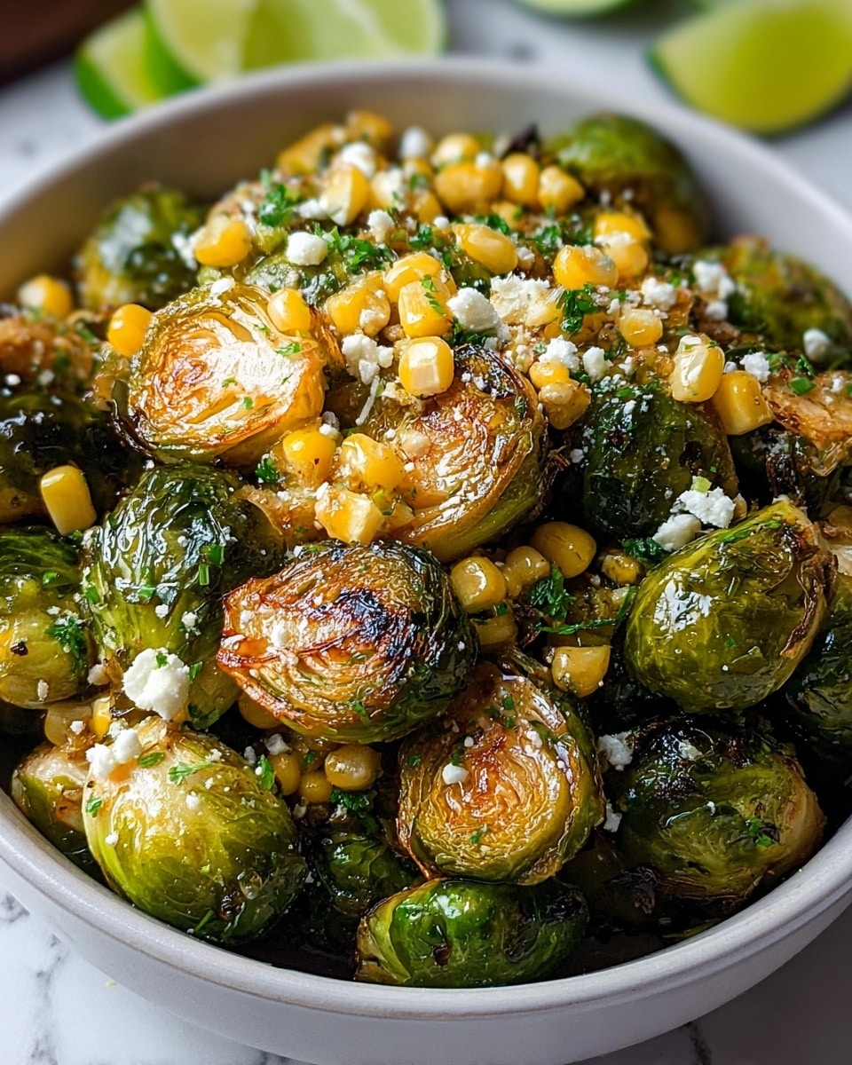A close-up of a bowl filled with roasted Brussels sprouts showing a mix of whole and halved pieces with golden brown char marks on the cut sides, topped with small bright yellow corn kernels and scattered white crumbly cheese, sprinkled with bits of fresh green herbs. The bowl is white and sits on a white marbled surface with blurred lime slices in the background, giving a fresh, vibrant look. Photo taken with an iphone --ar 4:5 --v 7