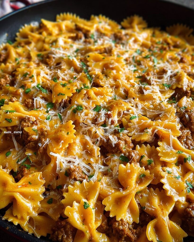 Cajun Cream Cheese Alfredo Bowties with Spiced Ground Beef Recipe