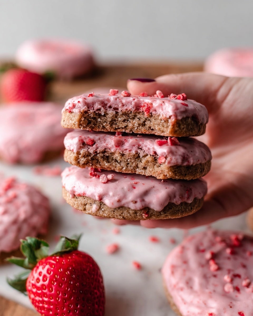 A close-up view of a woman's hand holding a stack of three round cookies, each with a soft brown base and a thick layer of pink glaze with small red bits on top and between the layers. In the background, there are more round cookies covered in the same pink glaze scattered on a white marbled surface, along with a fresh red strawberry with green leaves. The cookies have a crumbly texture with the pink glaze slightly dripping and sprinkled with red pieces. Photo taken with an iphone --ar 4:5 --v 7