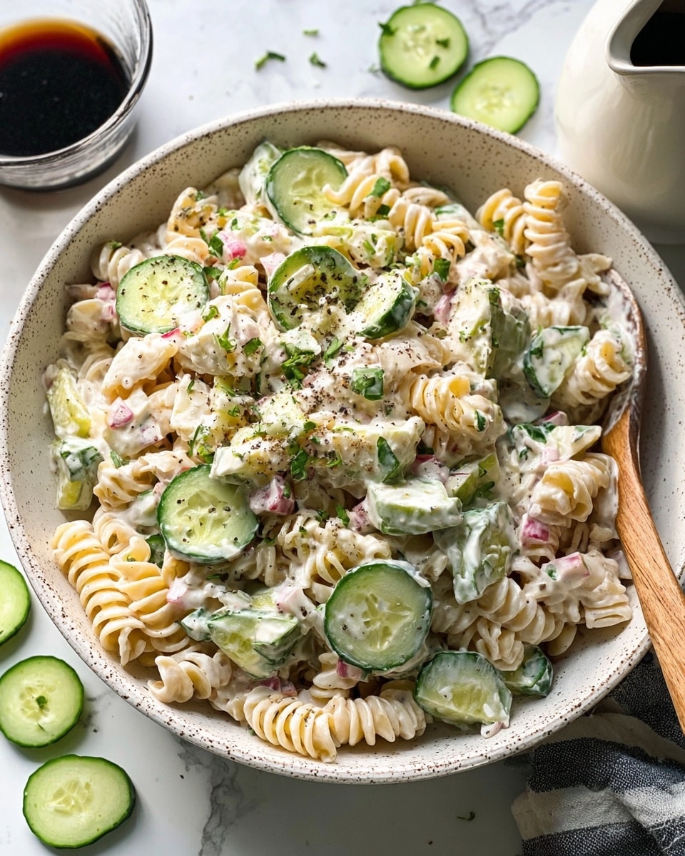 A white speckled bowl filled with creamy pasta salad, showing three main layers: the first layer is spiral pasta, pale beige in color with soft texture; the second layer is thick creamy white sauce evenly coating the pasta; the third layer has green cucumber slices that are cut thin and some larger pieces of cucumber, scattered on top. Chopped green herbs and small pieces of red are spread throughout. The salad is sprinkled with coarse black pepper. The bowl is placed on a white marbled surface with a few cucumber slices nearby, a white teapot with a black liquid on the side, and a wooden spoon at the edge. photo taken with an iphone --ar 4:5 --v 7