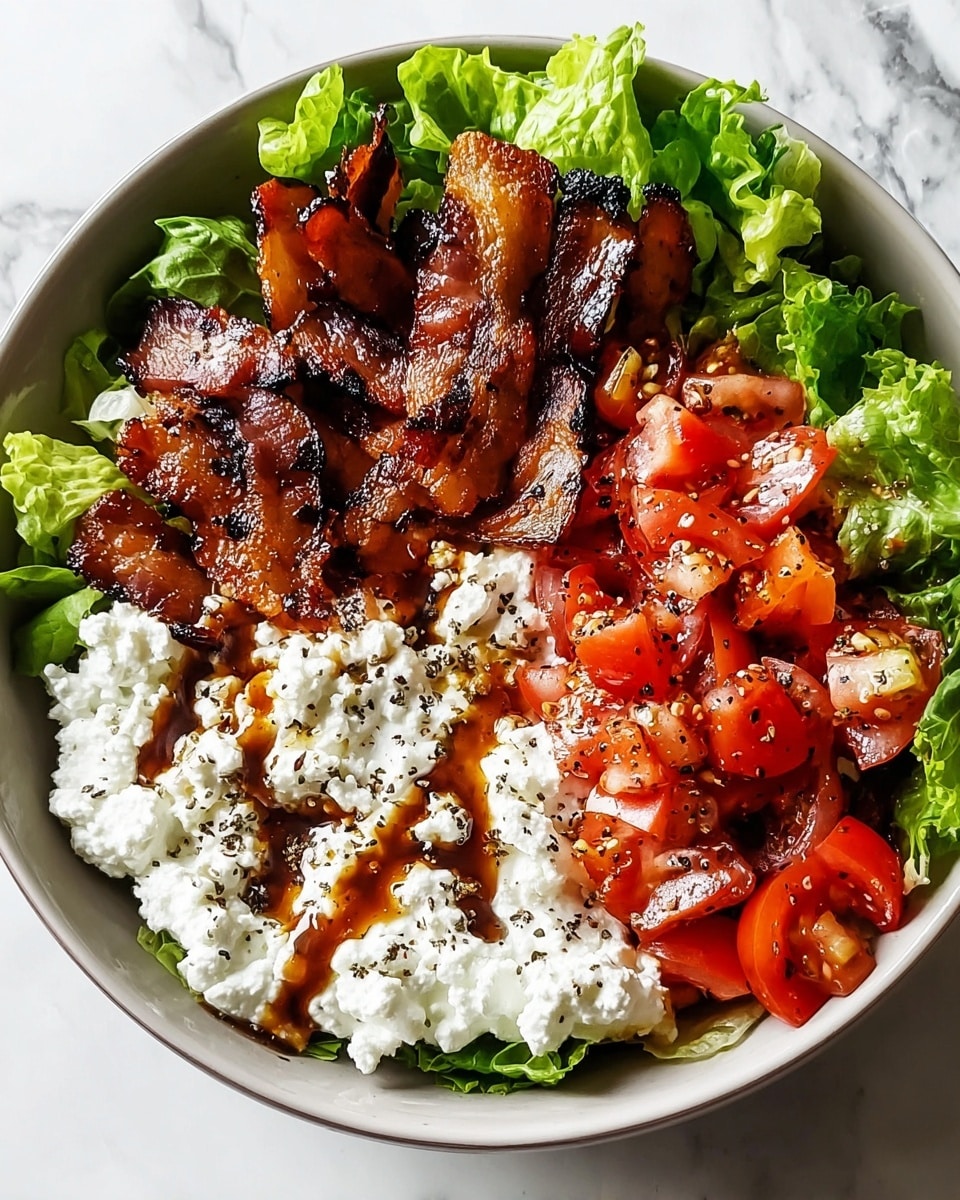 A bowl filled with three main layers: fresh green lettuce leaves line the bottom, topped on one side with browned grilled bacon strips showing char marks, and on the other side with a mix of red tomato chunks sprinkled with black pepper. The front half of the bowl has a thick layer of white cottage cheese drizzled with a brown sauce. The bowl sits on a white marbled surface. photo taken with an iphone --ar 4:5 --v 7