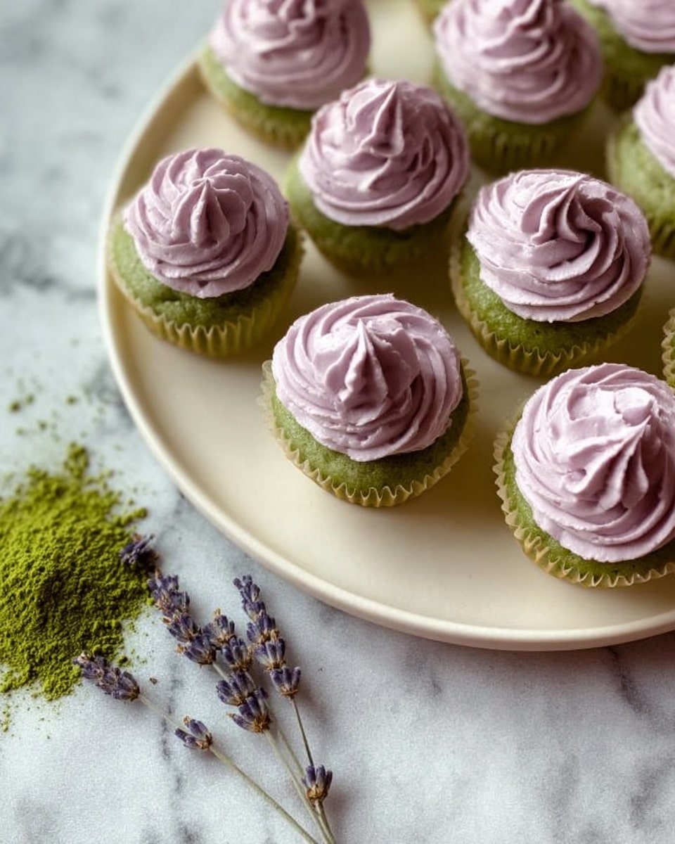 The image shows a round white plate holding several small green cupcakes with soft light purple frosting swirled on top. Each cupcake has a single thick layer of green cake at the bottom and a generous swirl of shiny, smooth pale purple frosting above it. The plate is on a white marbled surface with some dried lavender flowers scattered near the bottom edge and a small heap of green powder beside them. The colors are soft and pastel-toned with a clean, simple look. photo taken with an iphone --ar 4:5 --v 7