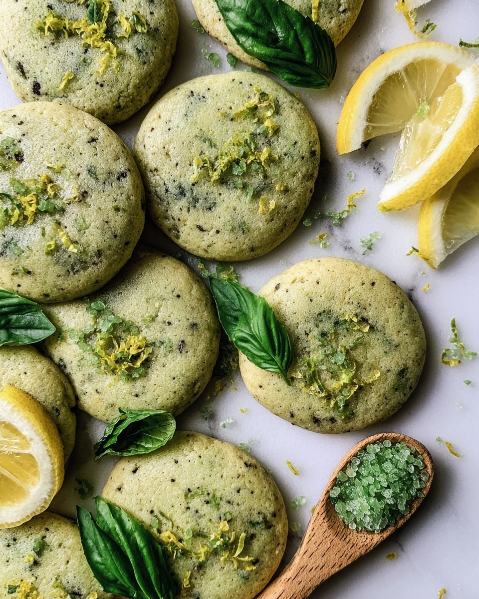 Several round, light green cookies with dark green specks are arranged closely on a white marbled surface. Small bright green granules and tiny yellow zest pieces are sprinkled on top of the cookies. Fresh basil leaves, dark green and slightly curled, are placed among the cookies. There are also a few lemon wedges with bright yellow flesh and white rinds, some resting next to the cookies. A small wooden spoon filled with green sugar crystals is seen beside the cookies. The overall look is fresh and colorful. photo taken with an iphone --ar 4:5 --v 7