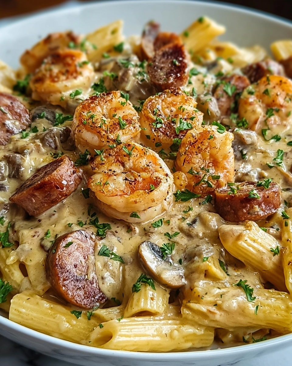 A close-up view of a creamy pasta dish served in a white bowl on a white marbled surface. The dish has three main layers: a base of yellow penne pasta coated in a thick, light beige creamy sauce, topped with evenly distributed grilled shrimp that have a pink-orange color with a slight char, and chunks of browned sausage slices with a crispy outer edge. Small, round mushrooms and finely chopped green parsley are scattered throughout, adding texture and color contrast. The overall texture looks rich and smooth with hints of seasoning sprinkled on top. photo taken with an iphone --ar 4:5 --v 7