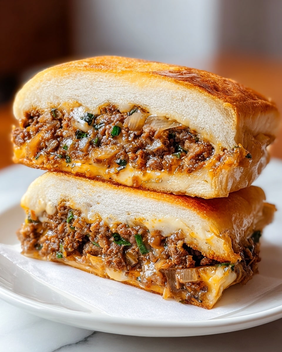 The image shows a sandwich cut in half and stacked, placed on a white plate over white parchment paper, set on a white marbled surface. The sandwich has two thick layers of soft, light golden-brown bread with a slightly crispy outside. Inside, there are two visible layers of filling: a layer of cooked minced meat mixed with small green herbs and translucent sautéed onions, and melted cheese threading through the meat, adding a creamy texture. The meat filling looks juicy and seasoned, with a mix of brown and green colors, while the onions are soft and slightly caramelized. The overall look is hearty and warm, with a close-up view highlighting the details of the textures and colors. Photo taken with an iphone --ar 4:5 --v 7