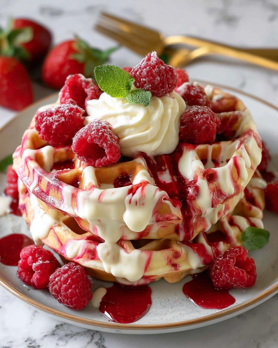 A stack of three round waffles with a red and white swirled batter, showing golden brown edges, sits on a white plate with a subtle rim. The waffles have a thick drizzle of creamy white sauce and a vibrant red berry sauce flowing over the top and sides. Fresh raspberries are scattered on and around the waffles, with a dollop of white whipped cream placed in the center, topped with a small green mint leaf. The background is a white marbled surface, and some out-of-focus strawberries and golden fork are visible behind the plate. photo taken with an iphone --ar 4:5 --v 7
