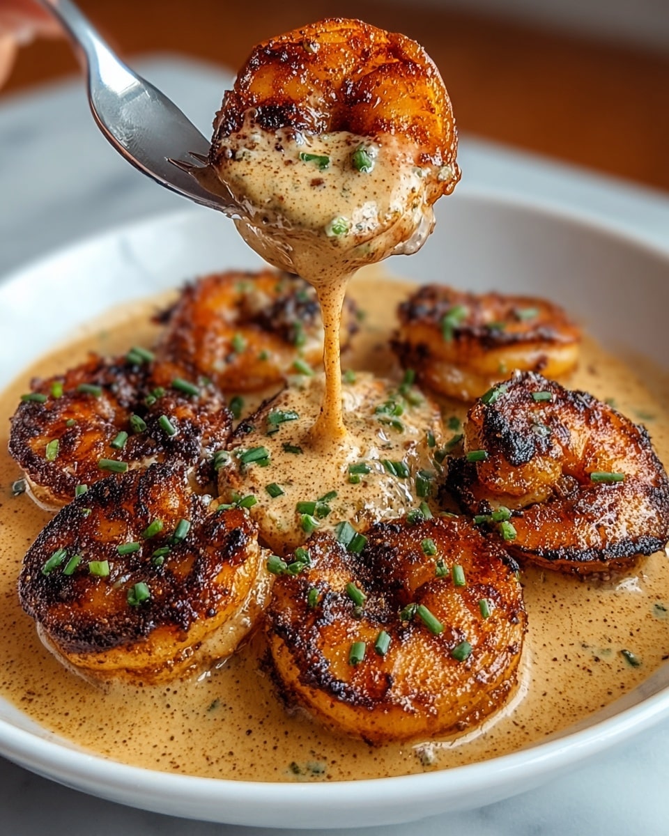 The image shows a white bowl filled with several large shrimp that are cooked to a deep golden brown with a slightly charred texture on top, giving a crispy appearance. The shrimp are coated and resting in a creamy, thick sauce that has a light tan color with small flecks of herbs and spices. Bright green chopped chives are sprinkled over the shrimp and sauce, adding small pops of color. A fork, held by a woman's hand, lifts one shrimp from the bowl, showing the sauce dripping off it in a smooth, rich stream. The setting has a white marbled texture underneath the bowl. photo taken with an iphone --ar 4:5 --v 7