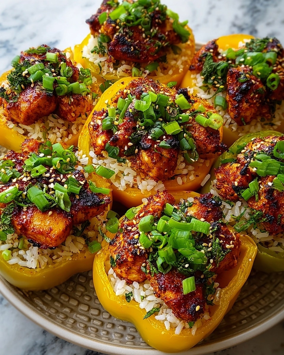 The image shows six yellow bell peppers cut in half and hollowed out, each filled with a layer of white rice mixed with small green herbs. On top of the rice, there is a layer of grilled, browned chicken pieces with a slightly charred texture and a reddish seasoning. Each stuffed pepper half is topped with a generous sprinkle of chopped green onions and some sesame seeds. The peppers are arranged closely together on a white plate with a subtle textured edge, all placed on a white marbled surface. photo taken with an iphone --ar 4:5 --v 7