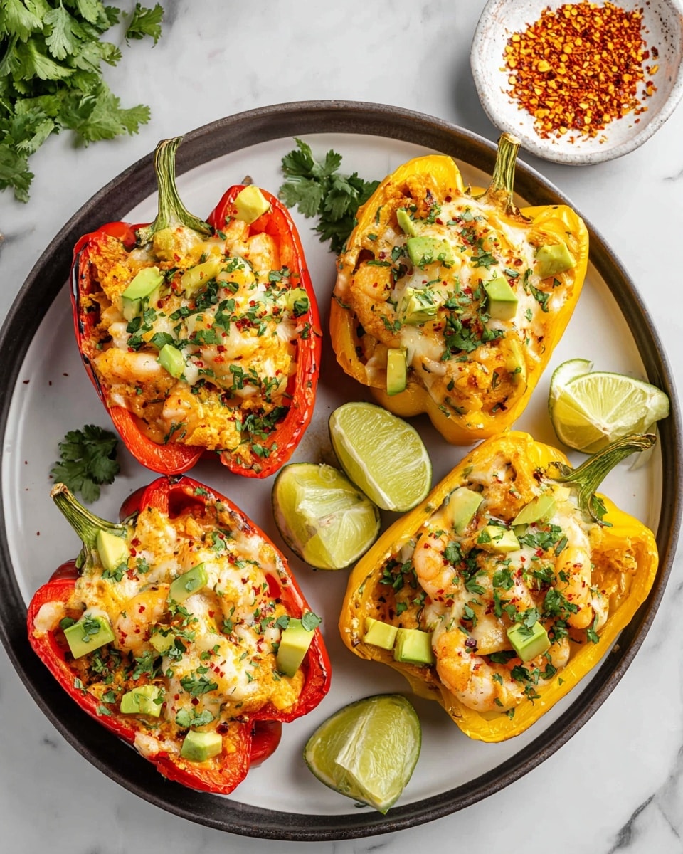 Four stuffed bell peppers, two red and two yellow, placed on a round white plate on a white marbled surface. Each pepper is cut in half lengthwise and filled with a mixture of cooked shrimp and melted cheese, giving a golden brown, slightly crispy top layer. Diced avocado pieces and chopped green herbs are sprinkled on top, adding green and fresh textures. Two lime halves sit on the plate, one between the top peppers and the other near the bottom right pepper, with bright green flesh and some red chili flakes on top. Small sprigs of cilantro surround the peppers, enhancing the presentation. A small white bowl with orange crushed chili flakes is visible in the upper right corner. photo taken with an iphone --ar 4:5 --v 7