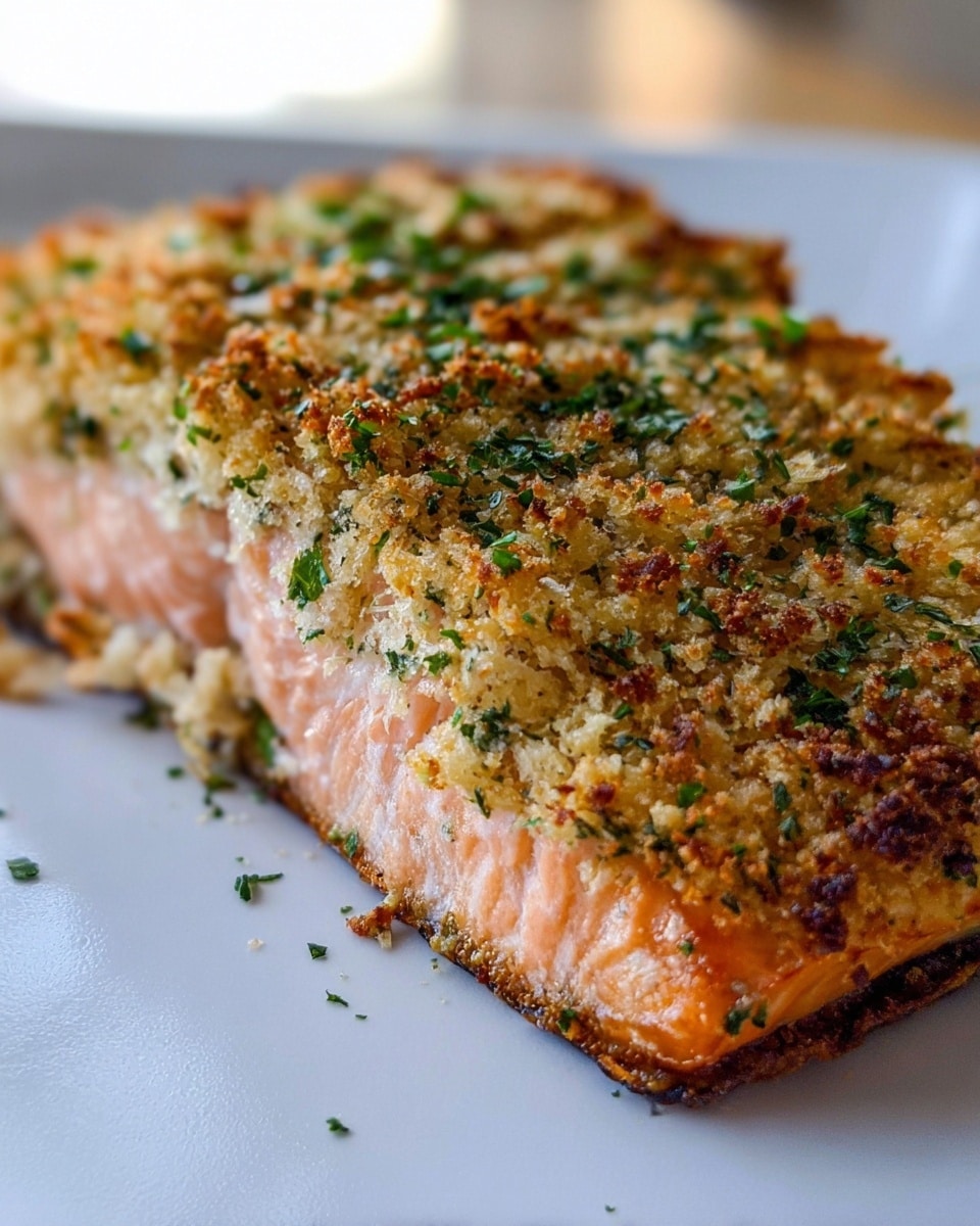 A single piece of salmon fillet is shown close up, with three visible layers: a light pink fleshy base layer with soft, moist texture, topped by a thick golden-brown crumb crust that looks crispy and toasted, speckled with bright green parsley bits spread evenly over the crust. The fish sits on a smooth white plate, placed on a white marbled surface that softly reflects light, giving a clean and fresh look. photo taken with an iphone --ar 4:5 --v 7