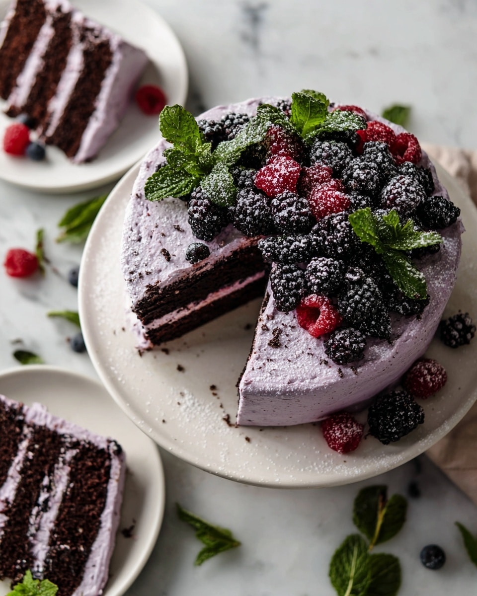A three-layer dark chocolate cake with thick, smooth layers of light purple berry cream filling between each cake layer and covering the sides. The top is glossy with a dark purple berry glaze and is decorated with fresh blackberries piled generously on top. Several blackberries and a small green leaf rest on the white plate in front of the cake, and a slice has been removed, showing the moist texture of the cake and creamy filling inside. The cake sits on a white plate on a white marbled surface, with a blurred background. photo taken with an iphone --ar 4:5 --v 7