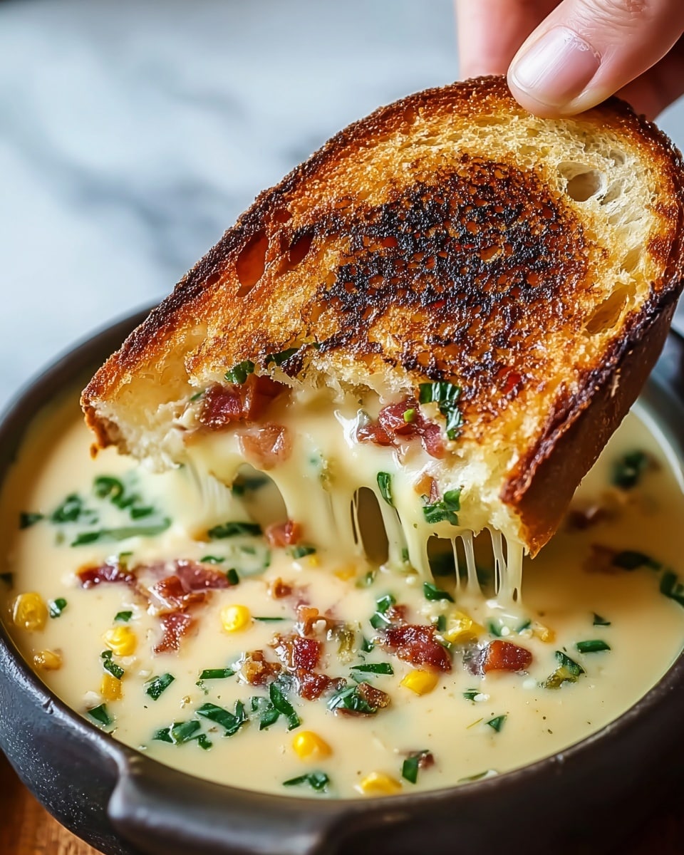 A close-up of a slice of toasted bread held by a woman's hand, dipped partially into a creamy soup. The bread has a golden-brown crust with a slightly charred pattern on top. The soup underneath is thick and smooth, pale yellow in color, filled with small pieces of green herbs and reddish-brown bits of bacon or meat, as well as some yellow corn kernels. The soup clings to the bread with melted cheese stretching down in long, gooey strands. The dish is served in a dark bowl, placed on a white marbled surface. photo taken with an iphone --ar 4:5 --v 7
