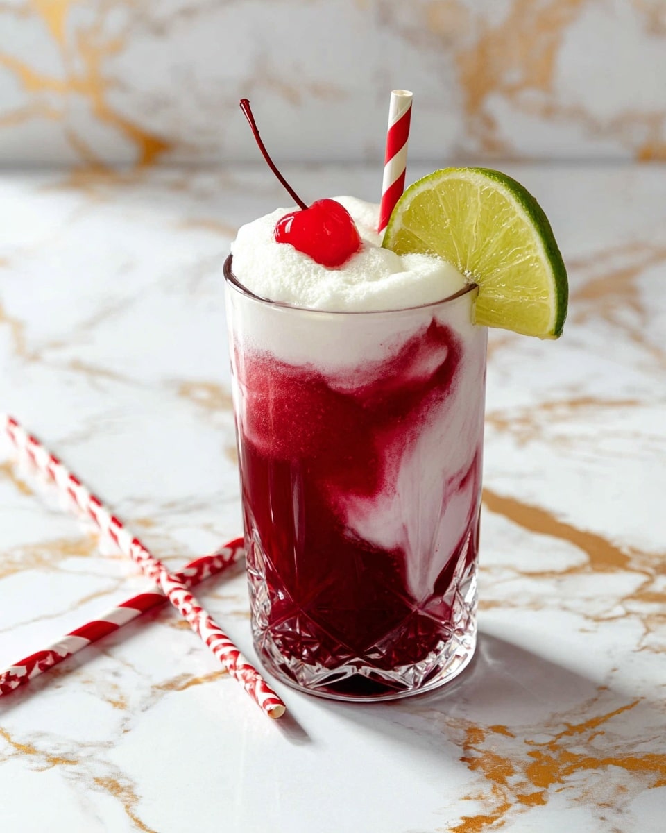 A tall clear glass is filled with three main layers: a deep red liquid base at the bottom, a swirling mix of white cream merging into the red liquid in the middle, and a thick, frothy white foam layer on top. On the edge of the glass rests a bright red cherry and a fresh green lime wedge. A red and white striped straw stands upright inside the glass, while another matching straw lies on a white marbled surface with gold veins in the background. The glass has a faceted design that catches the light softly. photo taken with an iphone --ar 4:5 --v 7