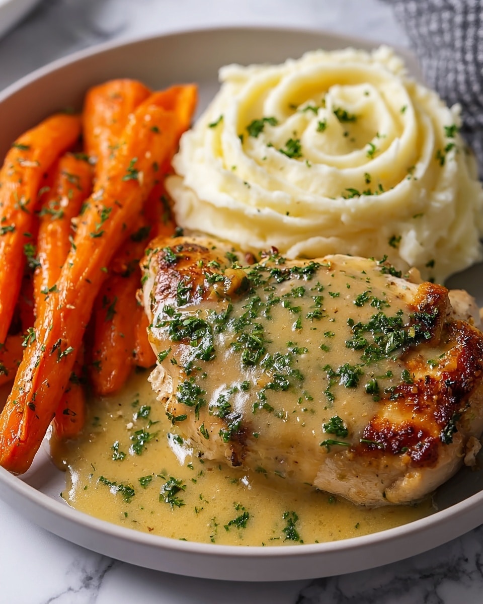 On a white plate, there are three parts: roasted orange carrots on the left, a mound of creamy white mashed potatoes with a swirl pattern in the back center, and in front of the mashed potatoes, a golden brown roasted chicken breast covered in light yellow gravy with green herbs sprinkled on top and over the plate. The mashed potatoes have a smooth texture with finely chopped green herbs on top. The carrots appear shiny and slightly glazed with small herb pieces scattered over them. The background is a white marbled texture. photo taken with an iphone --ar 4:5 --v 7