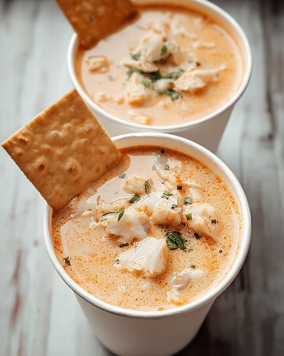 Two white paper cups filled with creamy orange soup with visible pieces of white crab meat on top, sprinkled with red spices, resting on a white marbled texture. Each cup has a single triangular white cracker placed at the edge, partially dipped in the soup. A light beige spoon is inside the cup closer to the front, angled towards the right. The focus is on the front cup with the second cup blurred in the background. Photo taken with an iphone --ar 4:5 --v 7