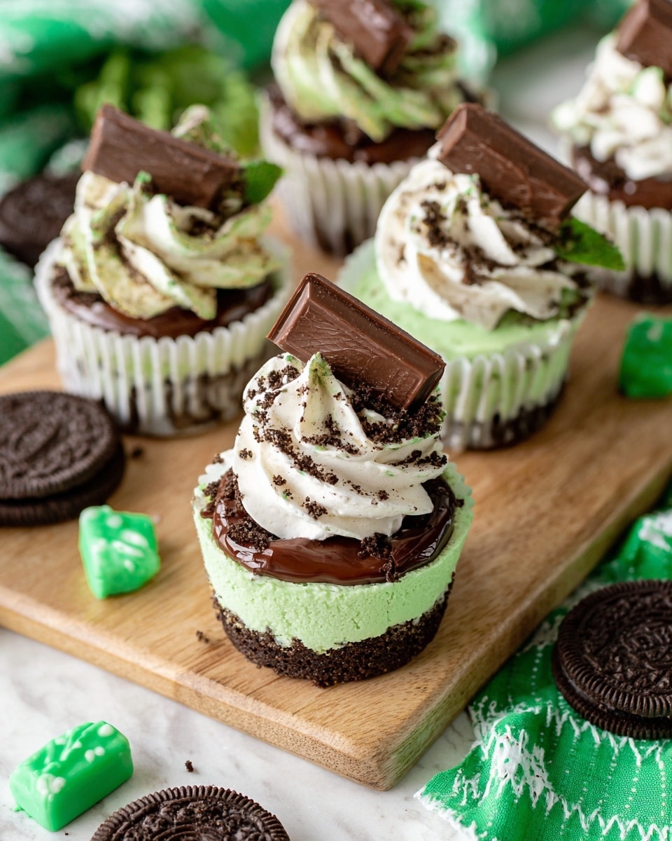 The image shows a stack of three mini cheesecakes on a light brown wooden board. Each cheesecake has two layers: a bottom dark brown crumbly crust and a thick, bright green creamy cheesecake layer with small dark specks. The top cheesecake is decorated with a swirl of white whipped cream sprinkled with tiny dark crumbs and has a small square of dark chocolate leaning against the cream. One cheesecake in the middle has a bite taken out of it. There are also some dark chocolate chips and green-wrapped candies next to the stack. The background is softly blurred with a white marbled texture surface. photo taken with an iphone --ar 4:5 --v 7