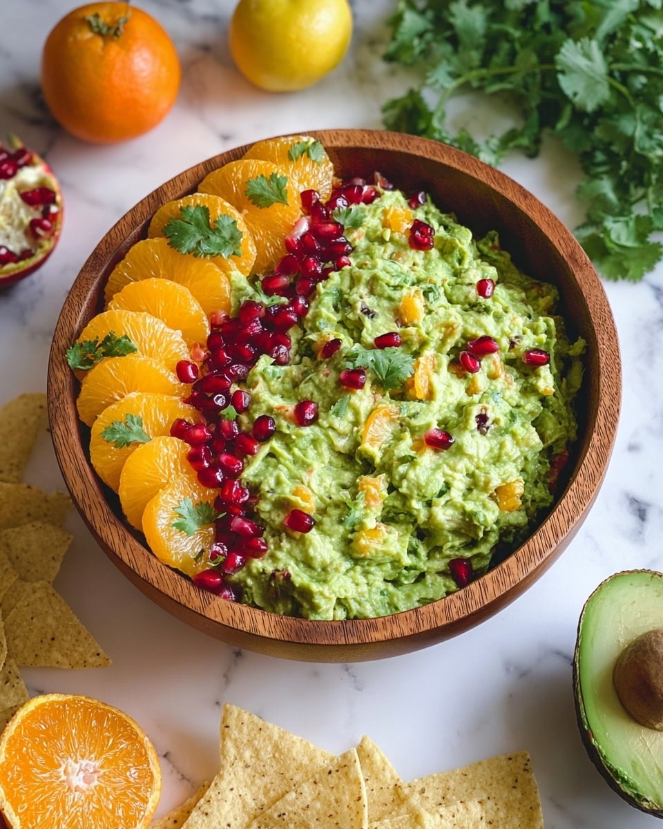 A wooden bowl filled with chunky green guacamole mixed with small orange pieces and red pomegranate seeds scattered on top. The left side of the guacamole is decorated with a neat row of bright red pomegranate seeds and vibrant orange fruit segments, garnished with small green cilantro leaves. Around the bowl, there are pale yellow tortilla chips, a whole jalapeño pepper, a whole and a half-cut bright orange citrus fruit, and a half avocado with visible dark brown seed and green flesh. The setup is on a clean white marbled surface with some cilantro leaves visible in the background. Photo taken with an iphone --ar 4:5 --v 7