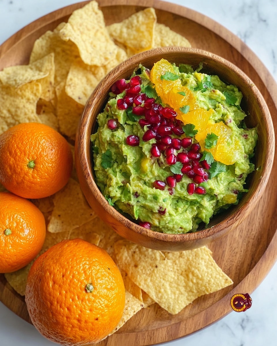 A wooden bowl filled with bright green guacamole mixed with small red pomegranate seeds and chunks of yellow-orange citrus. On one side of the guacamole, a small pile of extra shiny red pomegranate seeds and orange citrus pieces are placed on top, decorated with green cilantro leaves scattered throughout. The bowl sits on a round wooden board with two textured, orange sumo citrus fruits placed on the left side, each showing bumpy skin. Around the bottom edge of the board, light yellow tortilla chips are spread in a loose arrangement. The whole setup is on a white marbled textured surface. photo taken with an iphone --ar 4:5 --v 7
