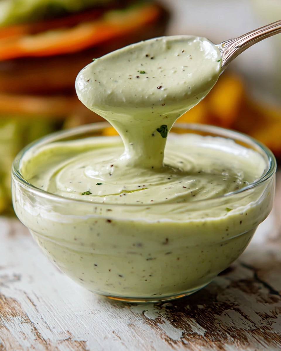 A clear round glass bowl filled with thick, creamy, pale green sauce speckled with black pepper and small green herbs. A spoon covered in the same sauce is held above the bowl, with the sauce slowly dripping back into it, showing its smooth, rich texture. The bowl sits on a wooden surface with a blurred white marbled texture background showing some green and orange hints that suggest vegetables or other foods. The image focuses close on the sauce and spoon, highlighting the glossy, slightly uneven surface of the sauce. Photo taken with an iphone --ar 4:5 --v 7