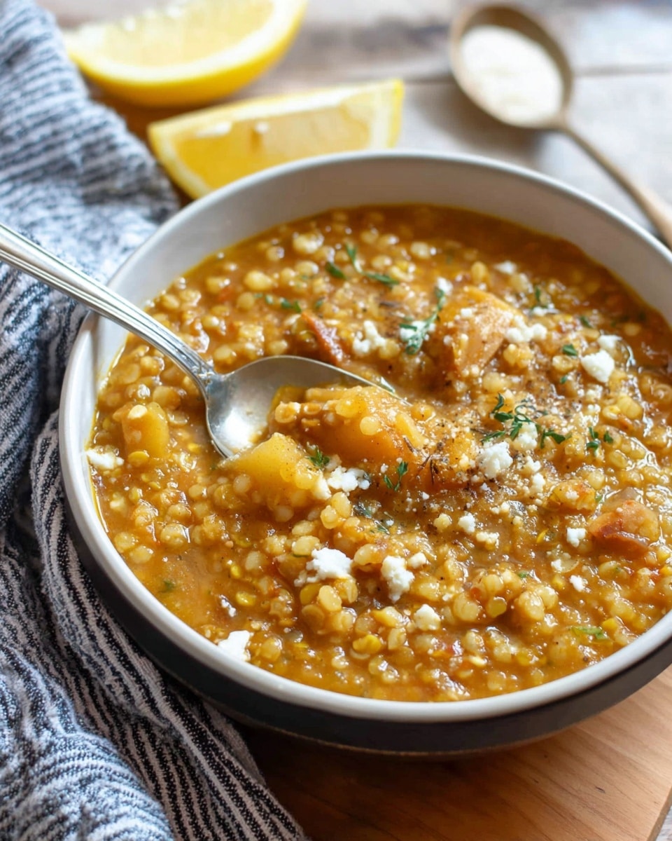 A close-up of a bowl filled with a thick, golden-orange stew containing small round grains and chunks of soft vegetables or meat, sprinkled lightly with white cheese and bits of green herbs on top; a silver spoon rests inside the bowl scooping some of the stew; the bowl is white with a dark rim and sits on a wooden surface partially covered by a blue and white striped cloth; two wedges of lemon with a pale yellow color are placed beside the bowl, and a blurry spoon with white grains is in the background on the cloth; the background is a white marbled texture photo taken with an iphone --ar 4:5 --v 7