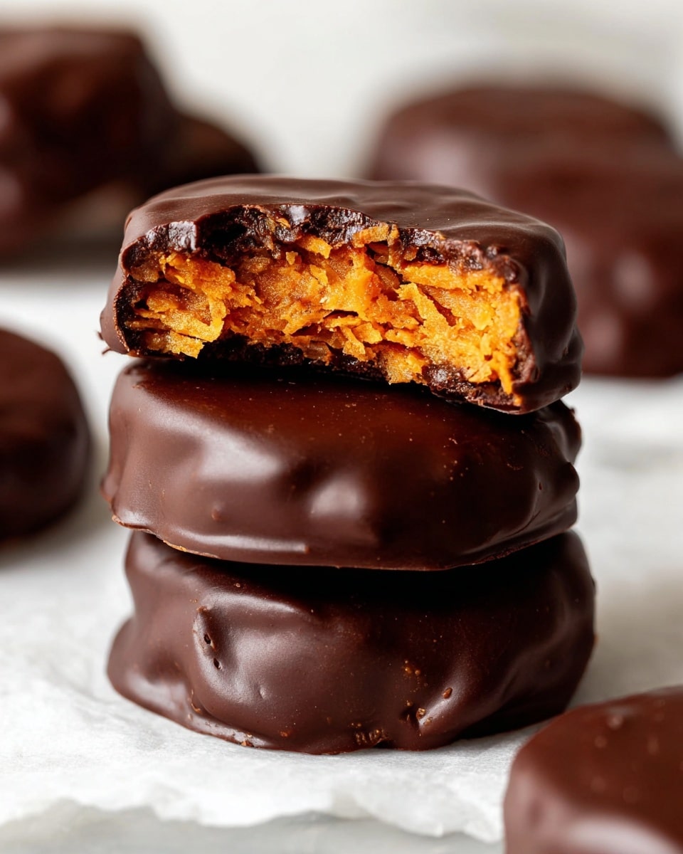 A close-up view of a stack of three thick round treats covered in smooth dark chocolate with a shiny finish, each piece showing an uneven chocolate coating. The top treat has a bite taken out of it, revealing an orange, moist, and fibrous inner layer resembling shredded carrot or sweet potato. The treats rest directly on a white marbled surface, with more similar treats blurred in the background. The rich dark chocolate exterior contrasts with the bright orange filling inside. photo taken with an iphone --ar 4:5 --v 7