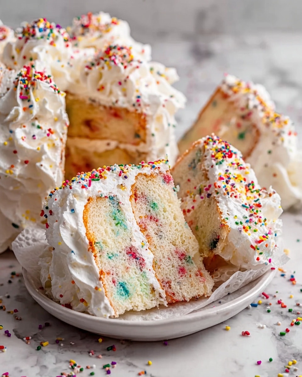 A white cake with colorful sprinkles inside each slice, showing a soft texture with specks of red, blue, green, yellow, and orange scattered through the cake layers. The cake has one thick layer topped and edged with fluffy white whipped cream frosting that has a wavy texture. Tiny, round, multicolored sprinkles are spread across the whipped cream on top and on the white plate holding the slices. The scene is set on a white marbled surface with some sprinkles scattered around. Photo taken with an iphone --ar 4:5 --v 7