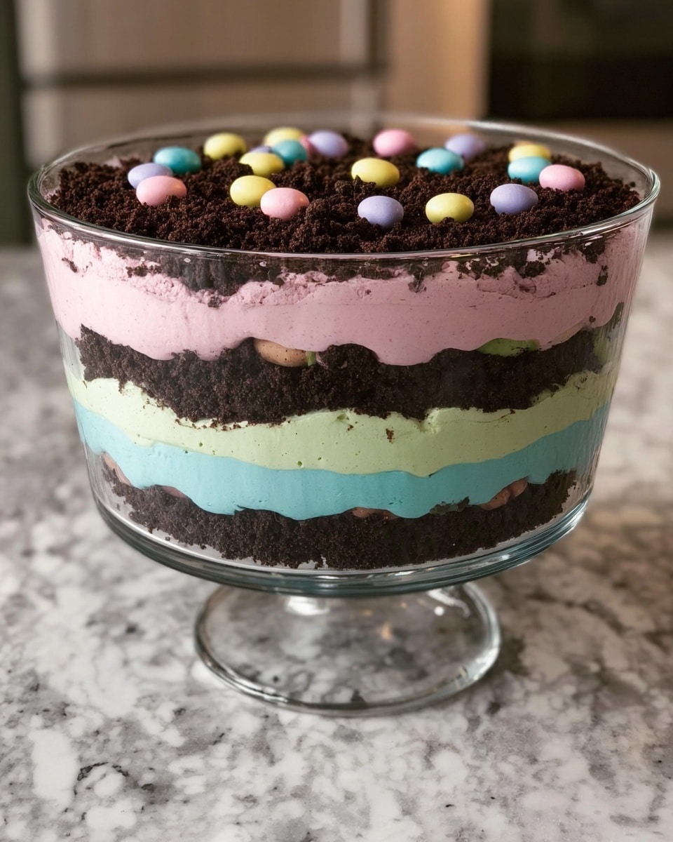 A clear glass trifle bowl shows a layered dessert with seven visible layers on a white marbled surface. Starting from the bottom, the first layer is a smooth pale green cream, followed by a dark crumbly chocolate layer. Above that is a thick pastel pink cream layer, topped again with dark chocolate crumbs. Next is a vibrant light blue cream layer, then another layer of dark chocolate crumbs. The dessert is finished with a top layer of dark chocolate crumbs sprinkled with small, round pastel candy pieces in yellow, pink, purple, blue, and green. Photo taken with an iphone --ar 4:5 --v 7