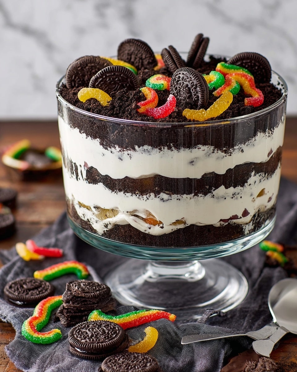 A clear glass trifle bowl with a stem holds a layered dessert consisting of four thick horizontal layers of white creamy filling alternating with three layers of fine, dark chocolate cookie crumbs. The top layer of chocolate crumbs is decorated with whole chocolate sandwich cookies pressed halfway into the surface along with brightly colored gummy worms scattered across. Around the base on a rustic wooden table, more whole and halved chocolate cookies and gummy worms are spread, with part of a metal spatula resting on a dark gray cloth nearby. The background is a white marbled texture. photo taken with an iphone --ar 4:5 --v 7