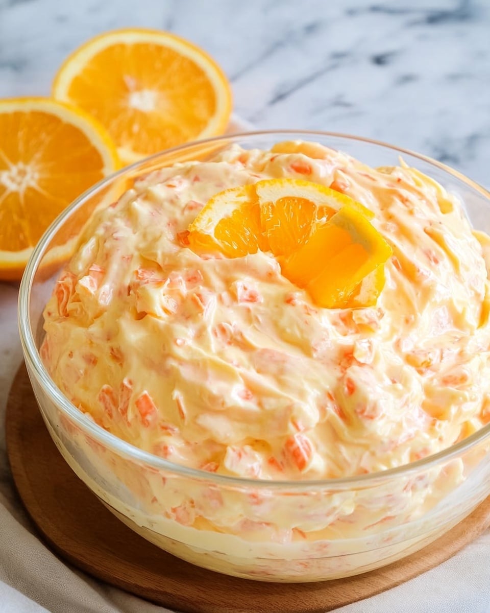 A clear glass bowl filled with a creamy, light orange mixture that has visible small chunks of orange pieces. The mixture looks soft and fluffy with swirled textures on the surface. On top of the mixture, there is a decorative slice of fresh orange resting at the center. The bowl is placed on a white marbled surface next to a halved orange showing its juicy, bright interior. Photo taken with an iphone --ar 4:5 --v 7