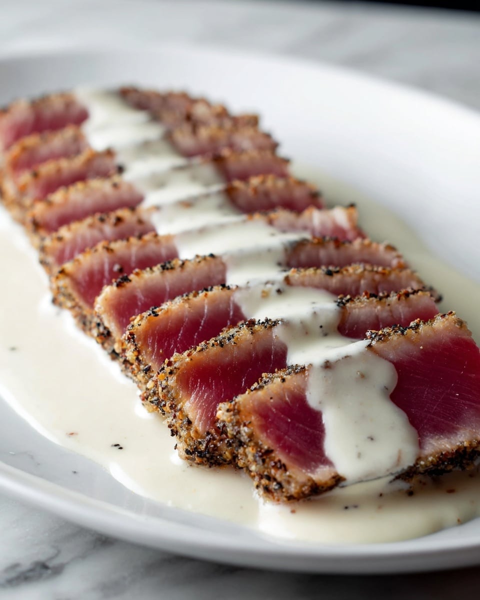 Thin slices of rare seared tuna arranged in a row on a white plate, each slice showing a dark crust with pepper and spices on the edges and deep pink, tender flesh inside. A thick, creamy white sauce is poured in a smooth line over the middle of the tuna slices, covering parts of the top layer and spreading slightly on the plate. The background is a white marbled texture, giving a clean and simple look. photo taken with an iphone --ar 4:5 --v 7