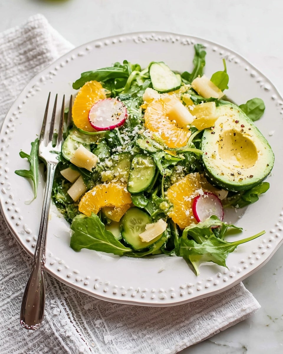 The dish is a fresh salad served on a white plate with a decorative edge. The base layer is made of bright green arugula leaves spread unevenly. On top, there are slices of yellow-orange citrus segments and pale green cucumber rounds scattered throughout. Light beige heart of palm slices and thinly sliced red radish pieces add texture and contrast. A quarter of a peeled avocado with smooth, creamy light green flesh sits prominently on one side. The salad is sprinkled with finely grated white cheese and lightly dusted with black pepper. A silver fork rests on the left side of the plate, all placed on a white marbled surface with a light gray and white patterned cloth nearby. Photo taken with an iphone --ar 4:5 --v 7