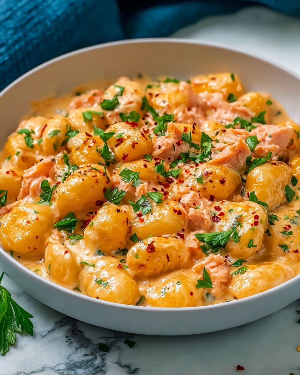 The dish shows a white bowl filled with creamy gnocchi coated in a smooth, light orange sauce with a shiny texture. Mixed through the gnocchi are chunks of pink-orange salmon. The dish is topped with small pieces of fresh green parsley and a light sprinkle of red chili flakes. The white marbled surface under the bowl contrasts with the colors of the food, and a blue cloth is slightly visible in the top background. Photo taken with an iphone --ar 4:5 --v 7
