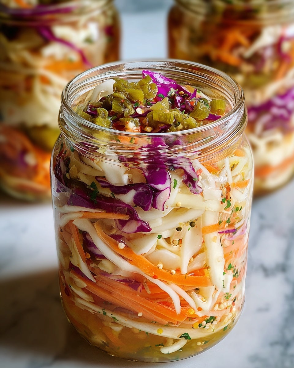 A clear glass jar filled to the top with a mix of thinly sliced and shredded pickled vegetables, layered visibly in a colorful blend; at the bottom and throughout are shreds of white cabbage and purple cabbage, mixed with bright orange carrot strips, and scattered green pickle slices on top, all coated lightly with a glossy, slightly moist dressing that catches the light; small flecks of herbs and spices are dotted throughout the vegetables, adding texture; the jar sits on a white marbled surface, with two more jars blurred softly in the background, all showcasing the vibrant, fresh look of the pickled vegetables. photo taken with an iphone --ar 4:5 --v 7