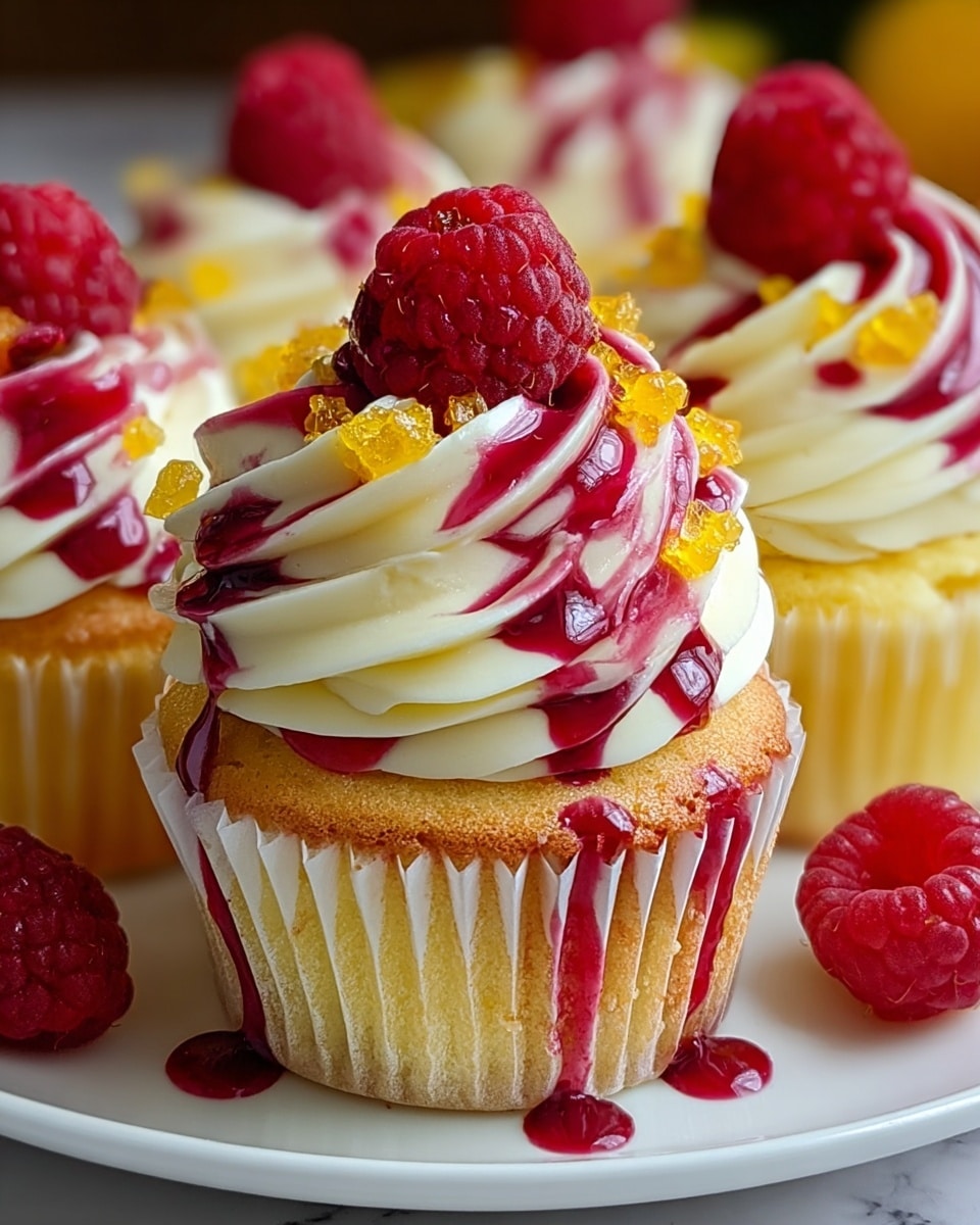 The image shows a close-up of vanilla cupcakes on a white plate with a white marbled texture background. Each cupcake has two main layers: the bottom is a golden yellow cake with a slightly rough texture, wrapped in white paper liners; the top layer is a swirl of smooth creamy white frosting with a slight shine, drizzled with dark red raspberry sauce that also drips down the sides. On top of each swirl sits a bright red raspberry, and around the frosting, there are small pieces of yellow sugar crystals adding a crunchy texture. A few additional raspberries are placed on the plate for decoration. Photo taken with an iphone --ar 4:5 --v 7
