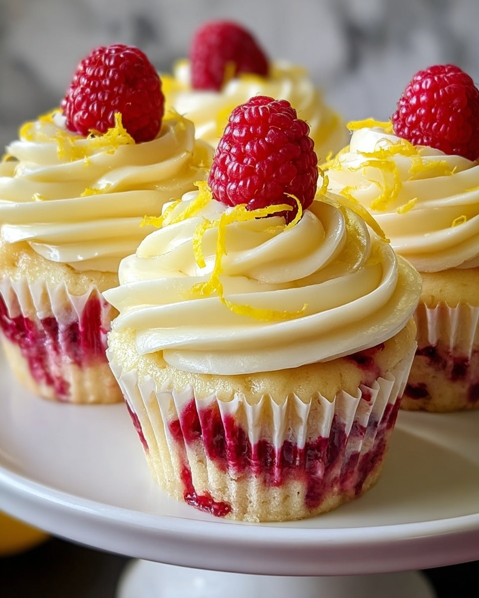 The image shows three cupcakes placed closely together on a white cake stand with a smooth surface. Each cupcake has a white base with visible red berry filling melting slightly down the sides. The top layer is a swirl of creamy pale yellow frosting with a smooth and soft texture. Each cupcake is topped with a single bright red raspberry. Thin yellow zest strips are sprinkled lightly over the frosting and raspberries, adding color contrast. A white marbled texture serves as the background, making the cupcakes stand out. photo taken with an iphone --ar 4:5 --v 7
