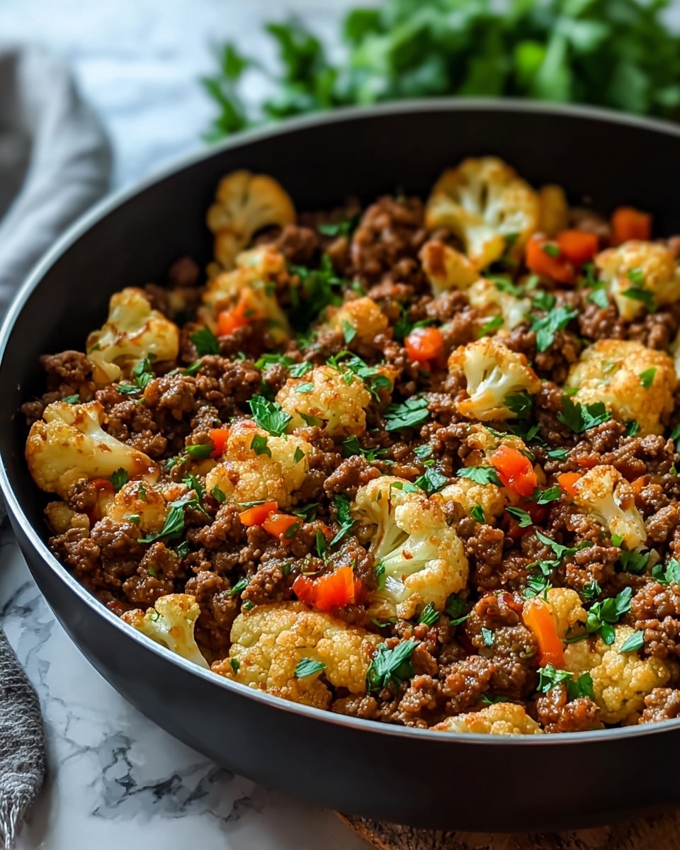 The image shows a close-up of a black pan filled with a cooked dish made of browned ground meat mixed with roasted cauliflower florets and small pieces of orange bell pepper, all sprinkled with fresh chopped green herbs. The cauliflower pieces have a light golden brown edge, while the meat is finely crumbled and well cooked, showing a rich brown color. The orange bell pepper bits add bright color spots throughout the mixture. The pan sits on a white marbled surface with some green herbs blurred in the background. photo taken with an iphone --ar 4:5 --v 7