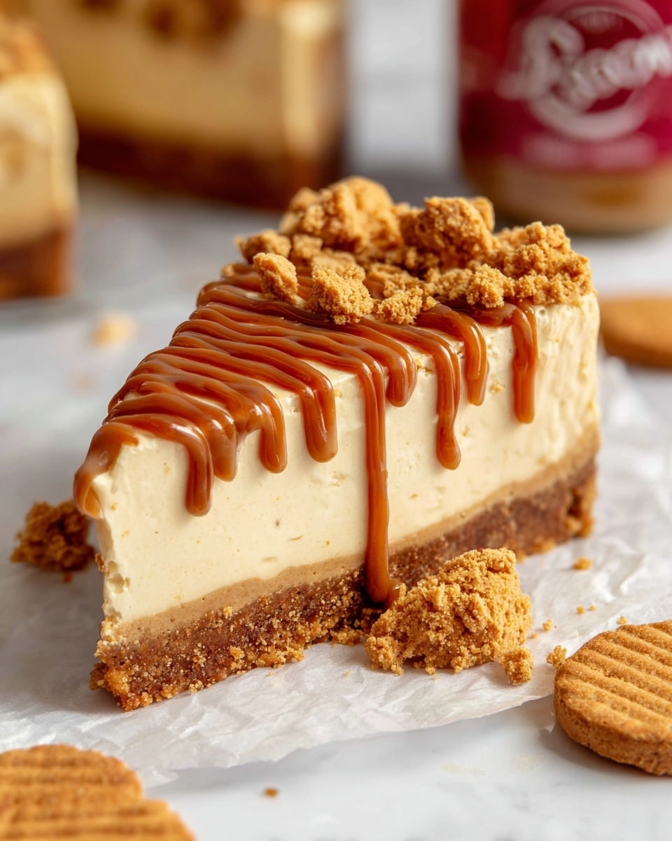 A slice of cheesecake rests on parchment paper over a white marbled surface, showing three distinct layers: a bottom crumbly brown cookie crust, a thick creamy pale beige middle cheesecake layer, and a thinner top layer of smooth light brown spread. The top is decorated with scattered biscuit crumbs and thick swirls of glossy caramel spread drizzled across the front edge. Crumbled biscuits are sprinkled around the slice, and a jar with a red label looms in the blurred background, enhancing the focus on the slice. photo taken with an iphone --ar 4:5 --v 7