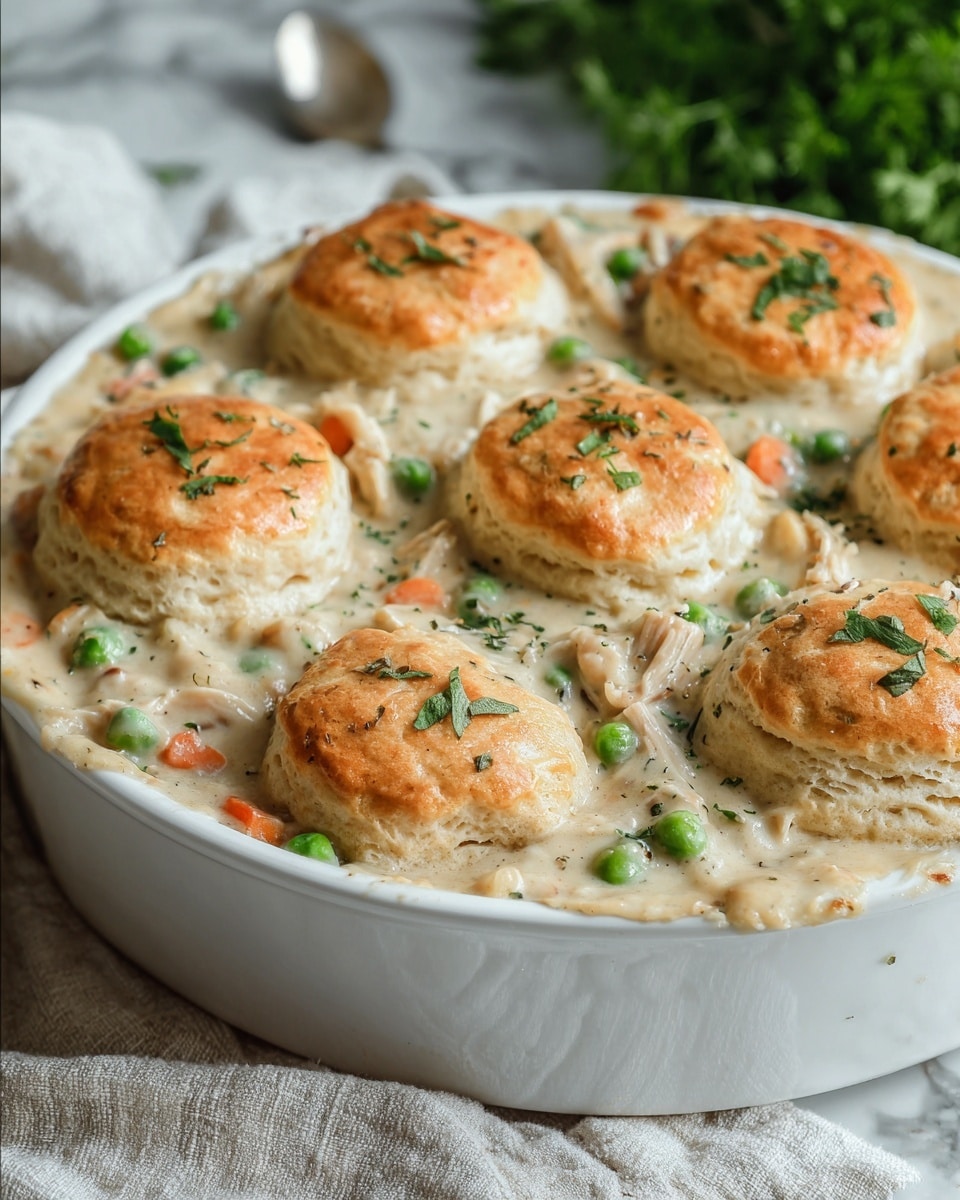 A white ceramic dish filled with a creamy chicken and vegetable stew base that has a smooth, thick texture, containing visible pieces of shredded chicken, bright green peas, and small orange carrot slices evenly mixed throughout. Seven golden-brown biscuits with a glossy, slightly crisp top layer are placed on top, sprinkled with fresh green herb leaves, each biscuit showing a soft, flaky texture on their sides. The dish rests on a light textured cloth over a white marbled surface with a blurred green herb bunch in the background, creating a cozy, homemade feel. Photo taken with an iphone --ar 4:5 --v 7