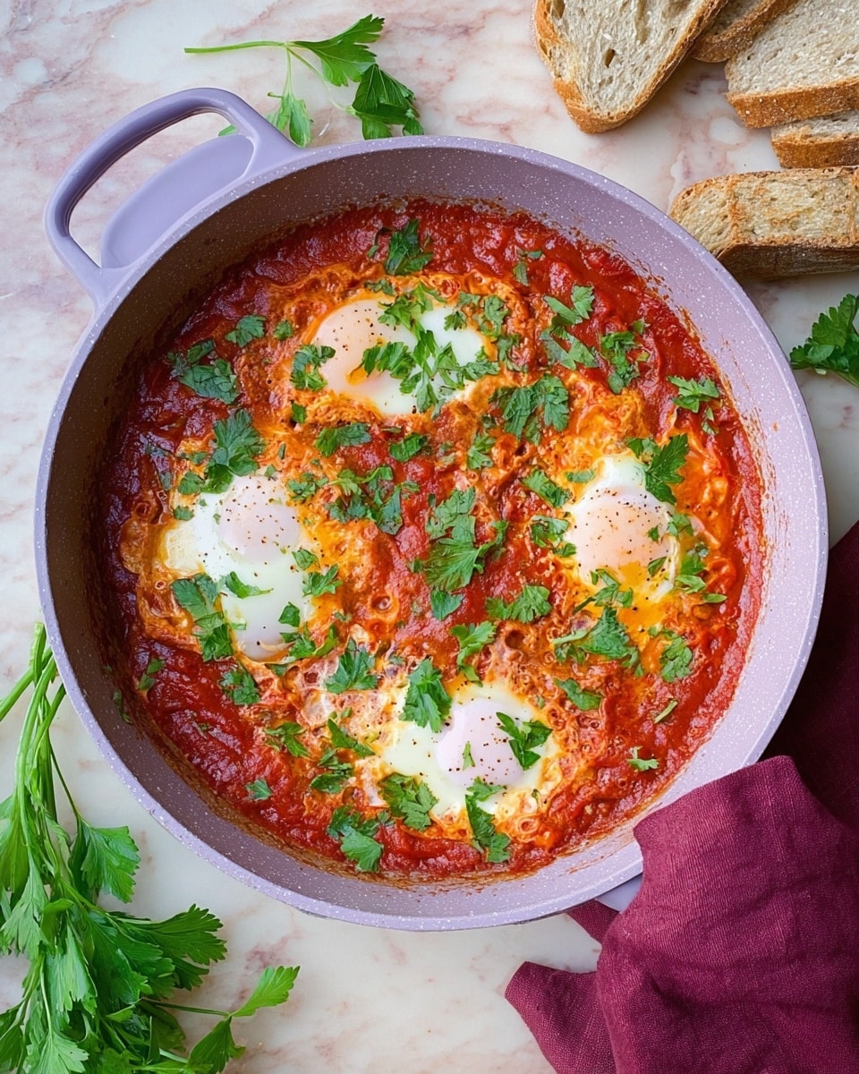The image shows a round, light purple skillet with a tomato-based sauce covering the bottom layer, thick and textured with a rich red color. On top of this sauce, there are four cooked eggs spaced evenly, their whites set and yolks partially bright yellow with a soft texture. Scattered across the dish are fresh green parsley leaves, adding vibrant color contrast against the red sauce and yellow yolks. The skillet rests on a white marbled surface, alongside some fresh parsley sprigs, sliced bread on the right, and a folded maroon cloth on the left. Photo taken with an iphone --ar 4:5 --v 7