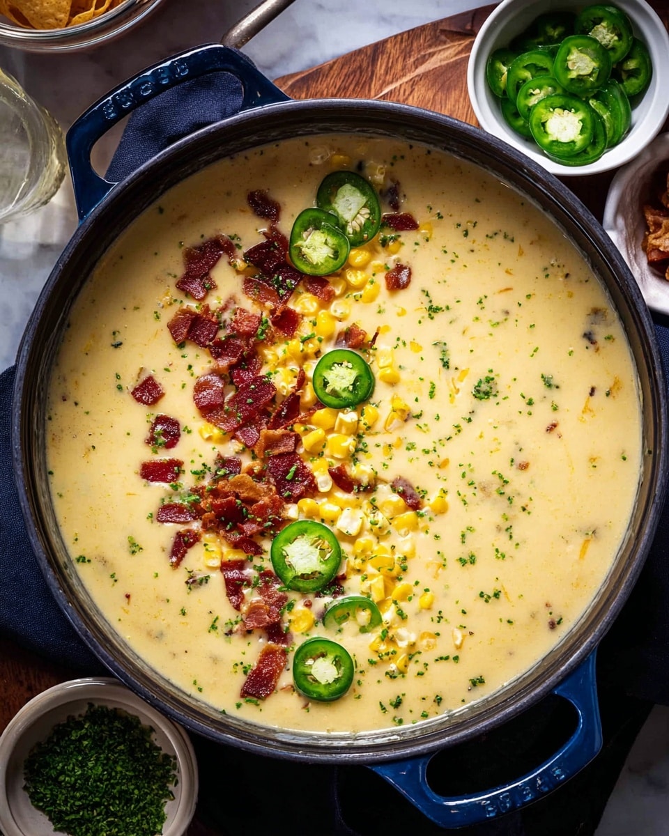A large dark blue pot filled with creamy yellow cheese soup, topped on one side with thin green jalapeño slices, small bright yellow corn kernels, and crispy reddish-brown bacon bits, some finely chopped green herbs are sprinkled over the surface; the pot rests on a dark cloth with small white bowls around it containing sliced jalapeños, green herbs, and more bacon pieces, all set on a white marbled texture photo taken with an iphone --ar 4:5 --v 7