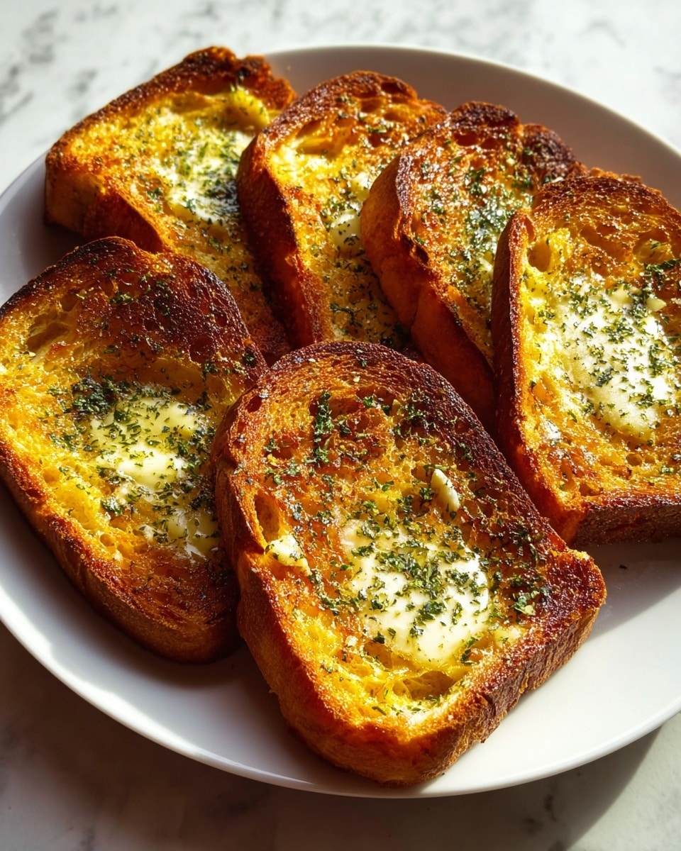 Six thick slices of golden toasted bread are arranged closely together on a white plate. Each slice has a crunchy, dark brown crust and a soft, bright orange-yellow center with melted white butter melting into the bread. The top is sprinkled with green herbs, likely dried parsley, adding a fresh contrast. The toasts catch warm sunlight, showing texture from the crispy edges to the buttery middle. The plate sits on a white marbled surface. photo taken with an iphone --ar 4:5 --v 7