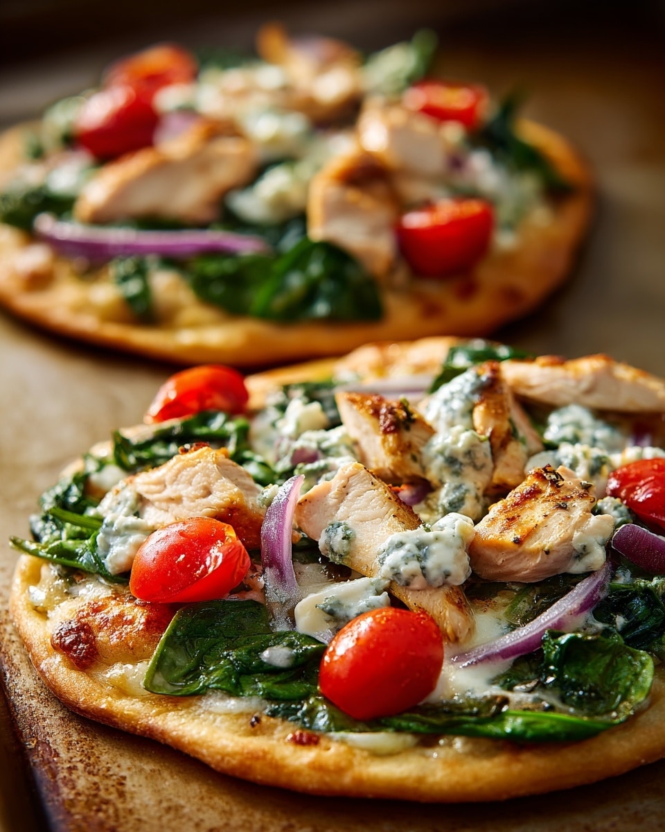 Two small round pizzas sit on a brown baking tray, each with a thick, golden crust that looks soft and fluffy. The base layer is light brown dough showing slight browning from baking. On top, bright green fresh spinach leaves are spread out evenly, followed by chunks of light tan grilled chicken placed in the center. Scattered around are halved shiny red cherry tomatoes and thin slices of purple onion. Dollops of white cheese with green herb specks sit on top, adding texture and creaminess. The colors are vibrant and fresh, with a focus on the contrast between the bright toppings and the golden crust. Photo taken with an iphone --ar 4:5 --v 7