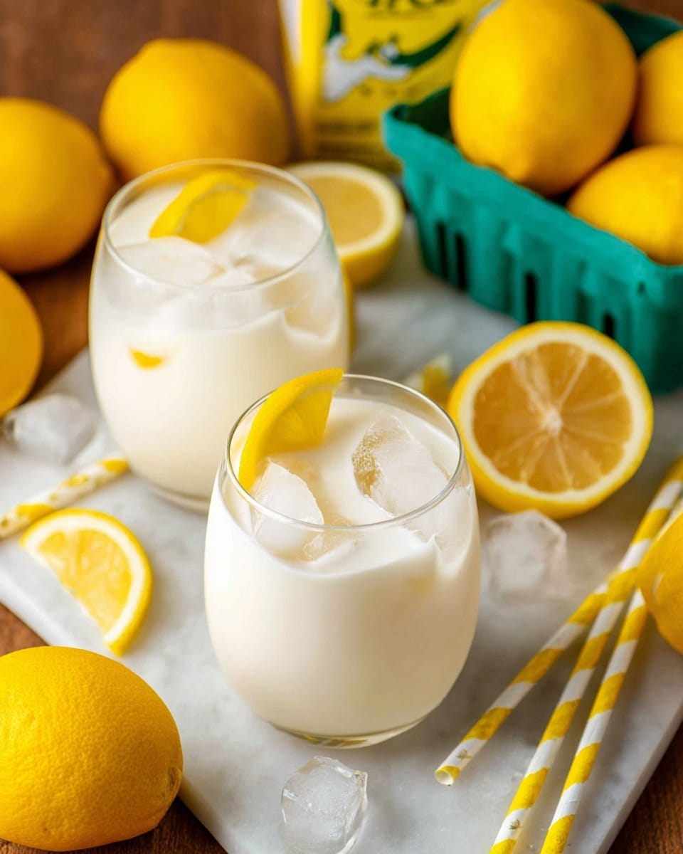 A close-up of a creamy, pale yellow drink in a clear round glass filled with ice cubes. There is a bright yellow lemon slice placed on the rim of the glass. The glass is set on a white marbled surface with visible ice cubes scattered nearby and yellow and white striped paper straws. Whole yellow lemons and lemon peels are also partially visible in the background. photo taken with an iphone --ar 4:5 --v 7