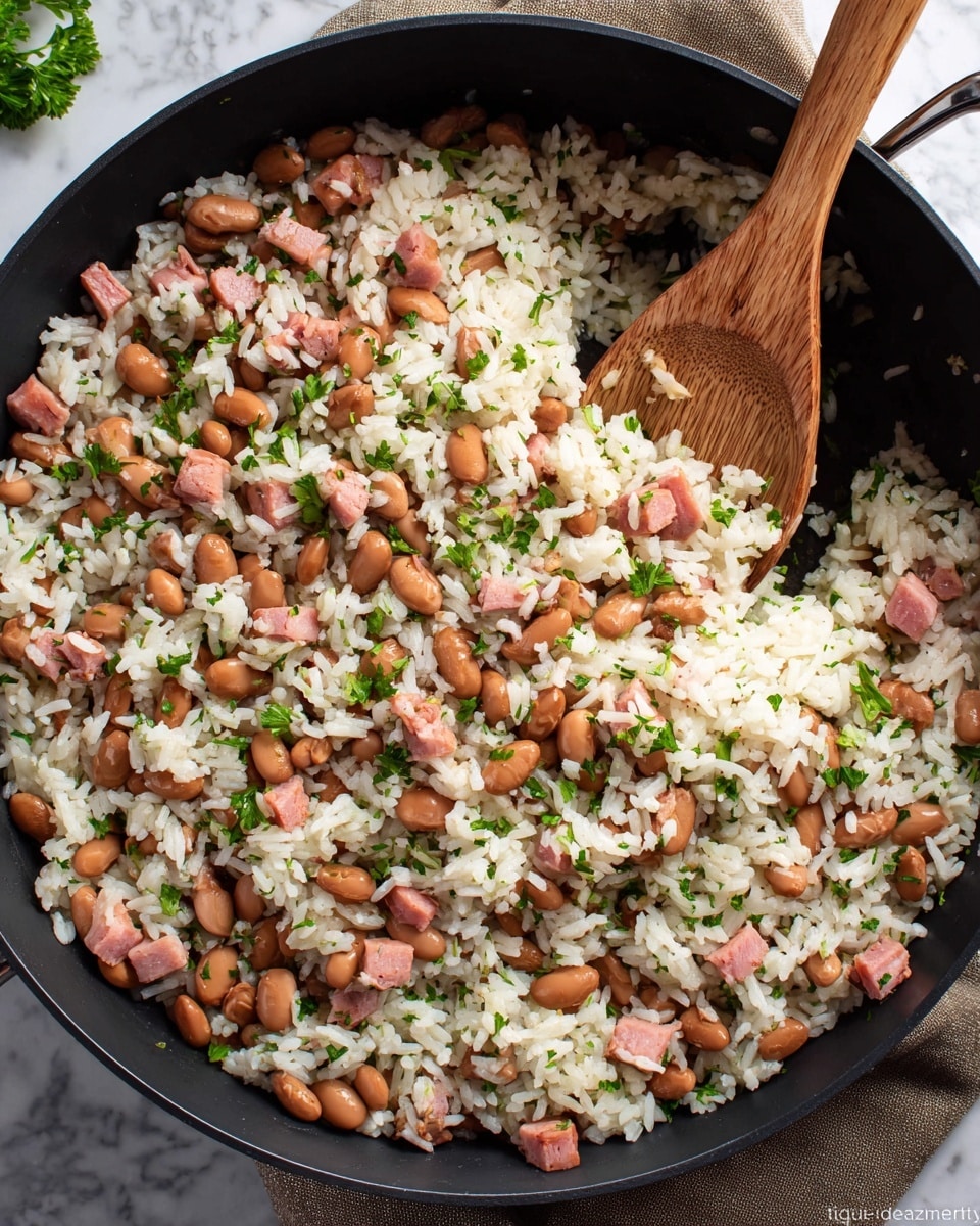 A close-up view of a black pan filled with a mixed rice dish showing three main layers: a base of fluffy white rice, scattered light brown pinto beans, and small cubes of pink ham. There are green parsley leaves and finely chopped herbs sprinkled evenly throughout the dish, adding pops of fresh green color. A wooden spoon with a smooth, grainy texture is partially buried in the rice, stirring the mixture. The pan rests on a light brown cloth placed on a white marbled surface. photo taken with an iphone --ar 4:5 --v 7