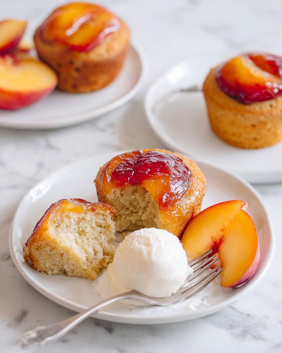 The image shows two peach upside-down muffins on a white plate with one cut in half to reveal a soft, light beige inside. Each muffin has a glossy, caramelized peach slice on top with reddish accents. On the plate are three peach slices with orange and red skin and a scoop of creamy white ice cream. A silver fork rests beside the cut muffin. In the background, there are more peach slices and a second white plate with a peach muffin and a dollop of ice cream. The surface is a white marbled texture. photo taken with an iphone --ar 4:5 --v 7