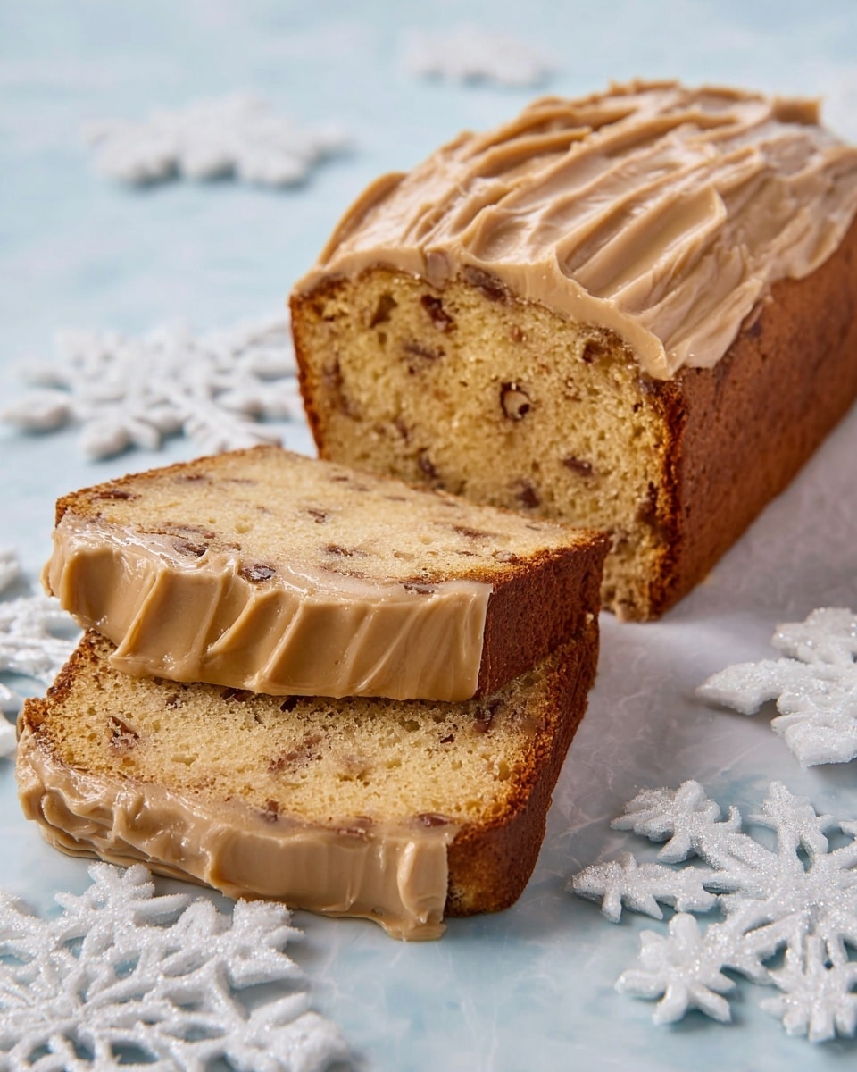 A loaf cake with two slices cut and laid flat in front showing a light yellow inside filled with small brown nut pieces evenly spread throughout each slice. The cake has a thick layer of smooth, light brown frosting spread on top, with visible swirls and texture, covering the entire top surface. The outer crust of the cake is a darker brown, firm, and toasted looking. The whole cake rests on a white marbled surface with white plastic snowflake decorations beneath it. photo taken with an iphone --ar 4:5 --v 7